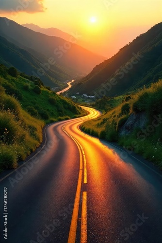 A vanishing point perspective of a winding road disappearing into a lush green valley, bathed in the golden light of sunset The road is paved and curves gently, inviting exploration , sun, path
