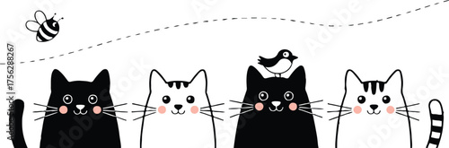 cute cartoon cat faces in a row black white striped kitten characters bee and bird playful vector