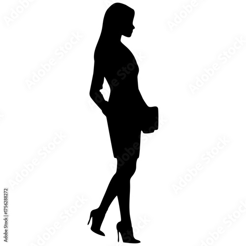Vector silhouette of a woman, walking elegantly in black isolated on white background