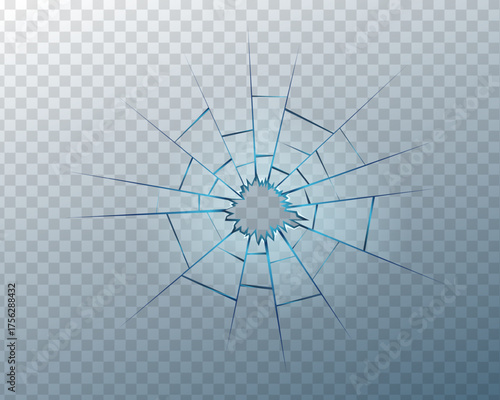 Cracked glass effect with broken mirror and bullet impact marks. Transparent shattered texture for vandalism, crash, or destruction scenes. Realistic vector overlay on light background.