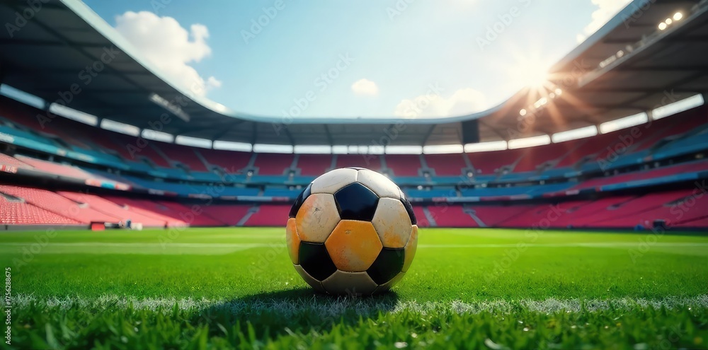 Naklejka premium Ready for Kickoff Vibrant Soccer Ball in Empty Stadium, Anticipation and Scale