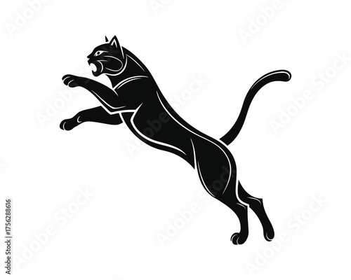 A stylized black panther in mid-air leap, showcasing its powerful build and fierce, predatory stance against a white background