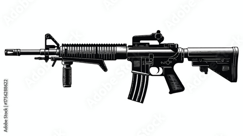 A black and white illustration of an M16 assault rifle in a side profile view against a white background.  