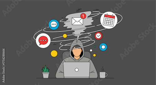Illustration depicting an individual overwhelmed by workplace stress due to excessive emails, deadlines, and notifications, highlighting mental health challenges.