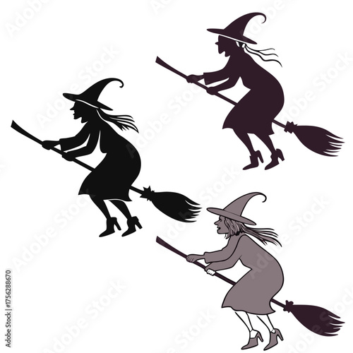 Three witches flying on broomsticks in varying shades against a plain white background for Halloween imagery