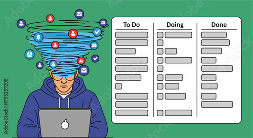 A man overwhelmed by work and social media, experiencing stress and anxiety while managing tasks on a kanban board, a visual representation of his mental state.