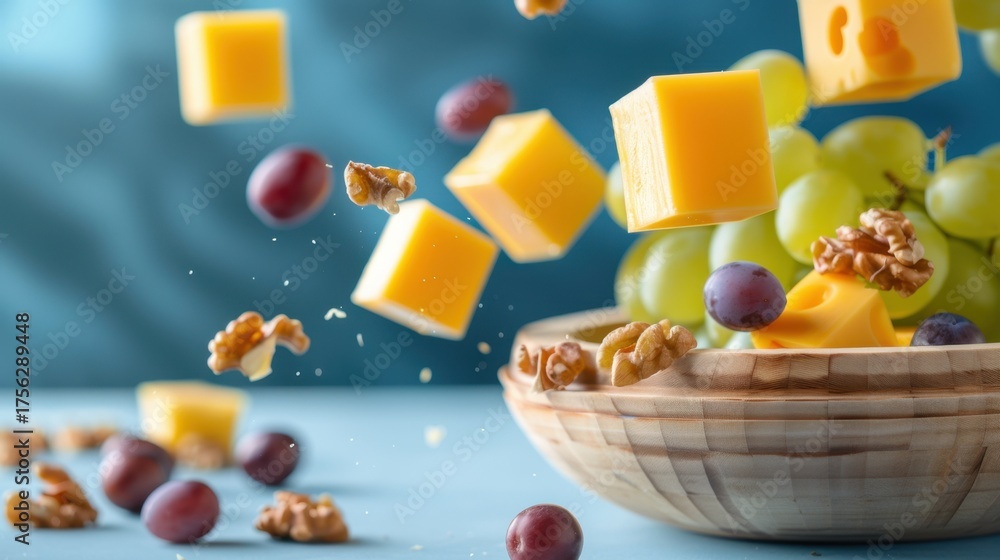 Fototapeta premium Colorful Cheese and Fruit Arrangement with Nuts in a Wooden Bowl on Soft Blue Background