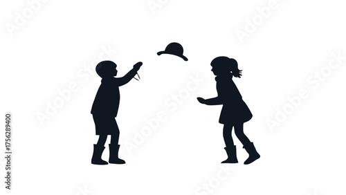 Silhouette of children playing a boy throwing a hat to a girl vector i