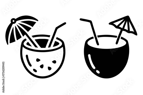 Two coconut cocktails with straw and umbrella