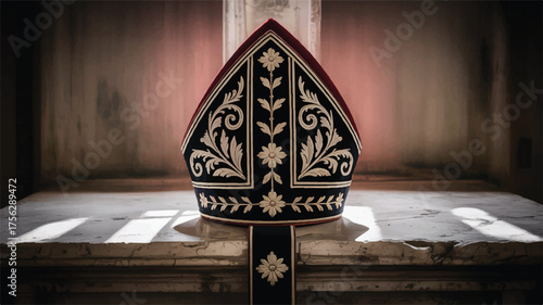 A black and white ornate bishop's mitre (miter) in a traditional Gothic style 
