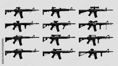 A black and white silhouette illustration of 12 different assault rifles arranged in a 3x4 grid pattern against a white background 
