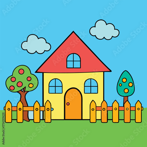 Charming whimsical cartoon house with a white picket fence and a red apple in a lush green yard