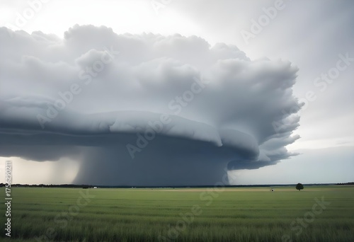 A long road with a supercell thunderstorm above it, the sky is cloudy and dark , the grass is yellow and dry