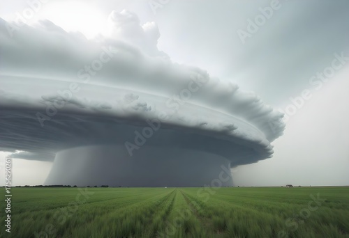 A long road with a supercell thunderstorm above it, the sky is cloudy and dark , the grass is yellow and dry