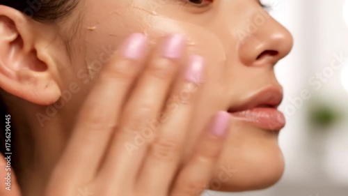 Moisturizing cream application showcases skincare beauty routine with close up of woman�s facial treatment, highlighting self care and healthy cosmetics for radiant skin