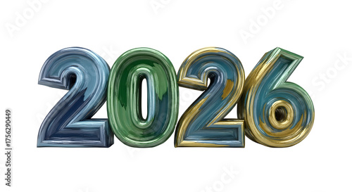 Year 2026 metallic numerals isolated on transparent background