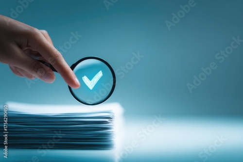 Hand holding magnifying glass over glowing checkmark, atop a stack of paper