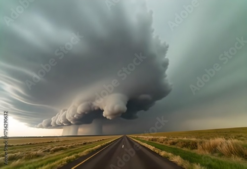 A long road with a supercell thunderstorm above it, the sky is cloudy and dark , the grass is yellow and dry