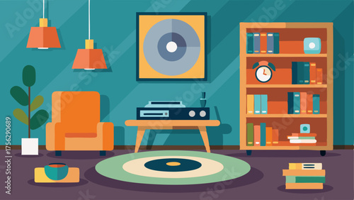 A cozy living room with a plush rug a sleek silver record player and a midcentury modern bookshelf filled with classic records.