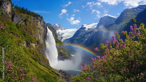 Scenic view of a waterfall with a rainbow and mountains under a bright blue sky on a sunny day mountain range landscape video