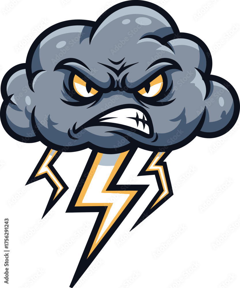 Fototapeta premium Furious cartoon storm cloud character with an angry face and lightning bolts, representing power and rage as a vector mascot