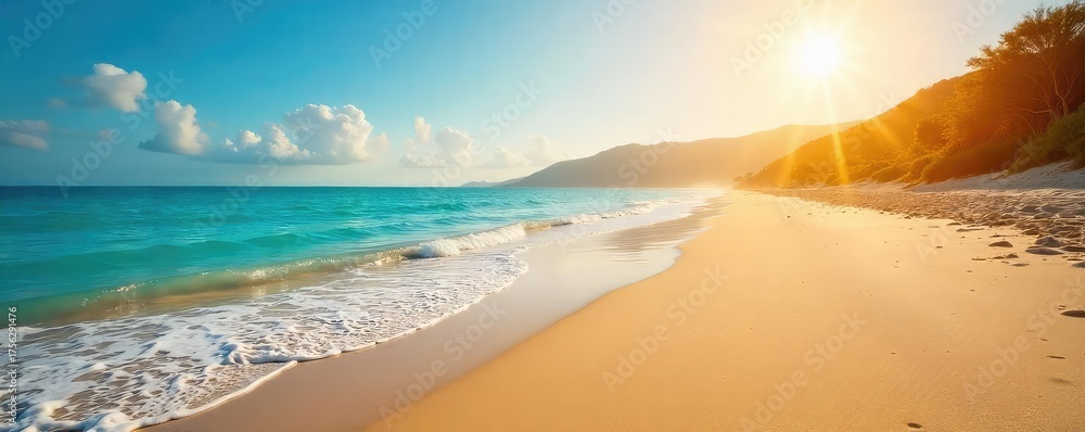 Fototapeta premium Sun-drenched shoreline, fine golden sand stretching to the horizon, gentle waves lapping the shore, a tranquil beach scene perfect for relaxation and escape , tranquil, coastal, sun