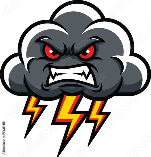 Angry storm cloud with lightning bolts and fierce red eyes, representing a powerful and menacing weather phenomenon