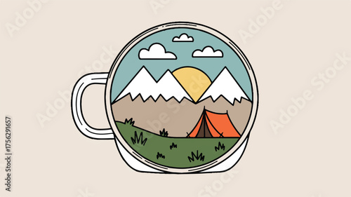 A minimalist illustration of a camping scene inside a white enamel mug with a handle 