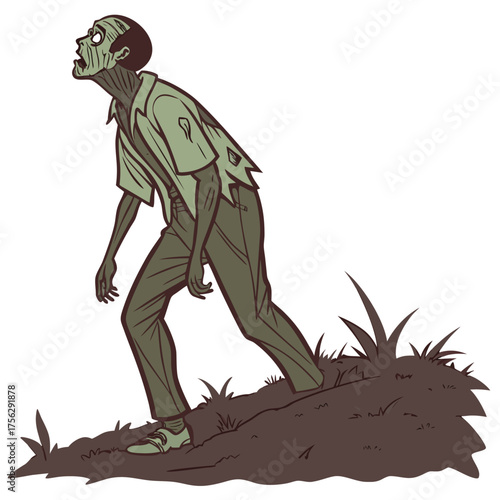 Zombie rising from the grave with tattered clothes and pale skin creeping forward looking for brains in a horror themed illustration