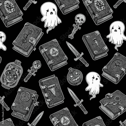 Whimsical and mysterious, this seamless pattern combines ancient grimoires, cute spectral figures, mystical daggers, and spooky pumpkins on a dark background.