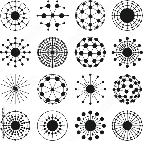 Collection of sixteen black abstract geometric circular and spherical designs pattern