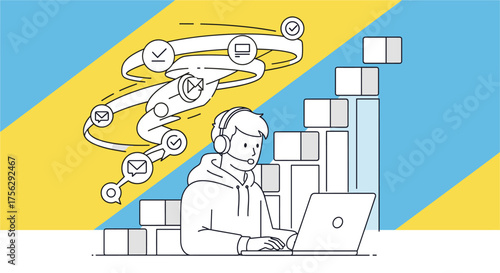 An illustration depicts a person working on a laptop with a headset, surrounded by symbols of workflow and progress, representing business and support.