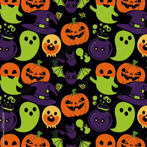 A vibrant seamless pattern featuring classic Halloween elements like grinning jack-o'-lanterns, friendly ghosts, witch hats, and bats, ideal for festive designs.