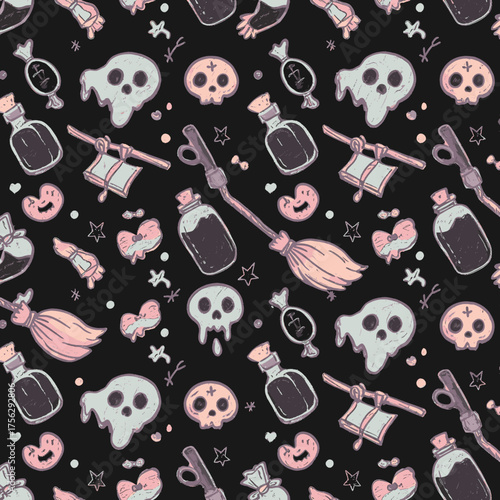 This enchanting seamless pattern features a whimsical array of spooky elements like witch's brooms, melting skulls, and potion bottles, perfect for Halloween celebrations.