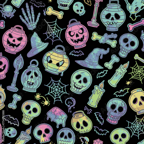 A playful seamless Halloween pattern features pastel spooky elements: skulls, lanterns, and bats on a dark background, ideal for festive designs.