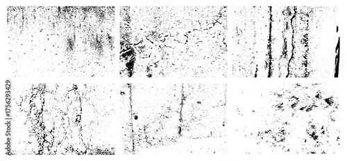 Distressed overlay texture collection with rough grunge surfaces, scratched stamp patterns, and vintage grain effects for poster design, print backgrounds, and retro graphic vector artwork