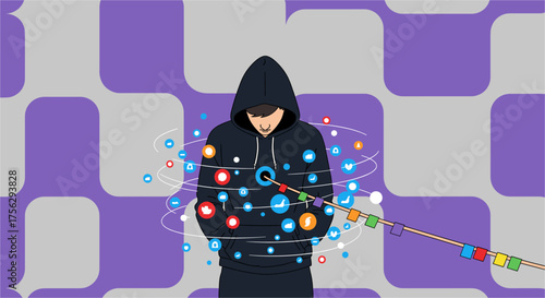 A hooded figure surrounded by swirling digital elements experiences stress, possibly related to workplace pressures, creating a sense of depression and anxiety.