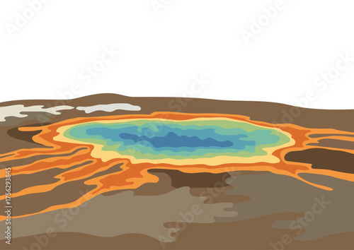 Colorful hot spring illustration. Geothermal pool with vibrant bacterial mats. Nature reserve landscape. Travel guide header.