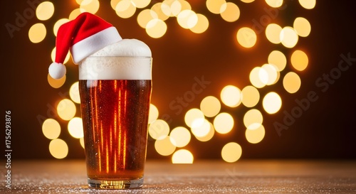 Festive beer in santa hat with bokeh lights background