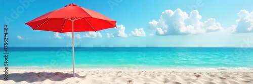 Vibrant red beach umbrella providing shade on a sunny beach, sand, ocean in the background  Perfect for summer vacation, relaxation, and seaside themes , protection, hotel, tropical