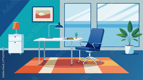 A contemporary office space with a glass and chrome desk a navy blue upholstered chair and a colorful coastalthemed rug.