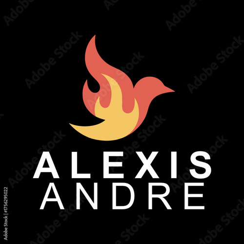 Alexis andre logo a fiery dove emblem in gold and red against a black backdrop