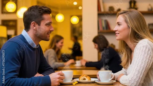 Couple enjoying coffee and conversation at a cozy cafe, sharing a moment of connection over drinks and pastries