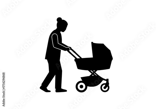 Adult person pushing baby stroller vector silhouette graphic depicting early parenthood childcare and family journey