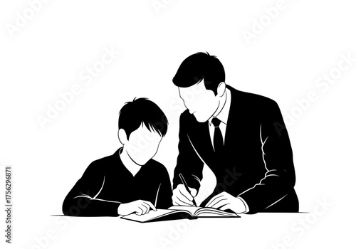 Adult teacher helping child student with schoolwork a black vector silhouette graphic depicting educational support