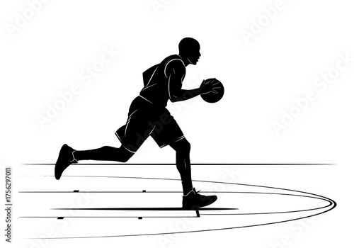 Basketball player silhouette vector graphic dribbling ball on court lines action pose dynamic sport illustration