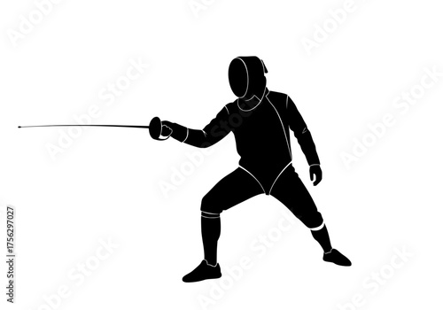 Black vector silhouette of a fencer in an aggressive attacking lunge position holding a foil on white background