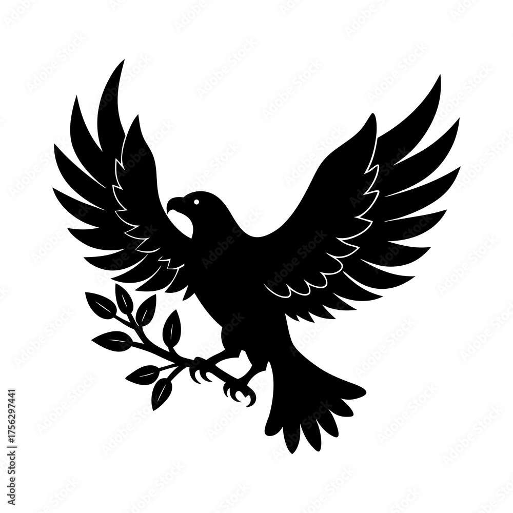 Obraz premium Silhouette of a raven holding a laurel branch in its beak