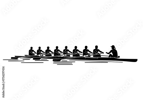 Competitive rowing team vector silhouette graphic depicting eight strong athletes and a coxswain in a racing boat
