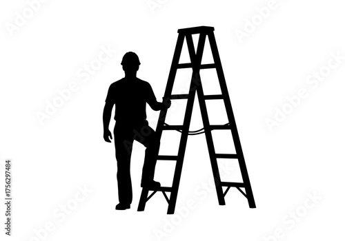 Construction worker silhouette vector graphic illustration with hard hat standing by a tall A-frame ladder